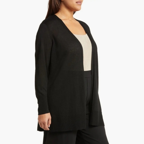 Halogen Nordstrom Slide Slit Black Open Cardigan, Linen Blend, MP, Closet Staple - Picture 2 of 14